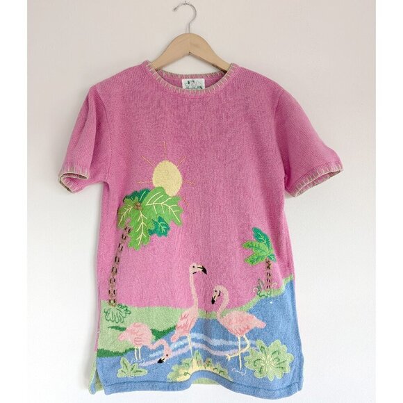 Vintage The Quacker Factory Tropical Island Flamingo Cotton Blend Shirt Sweater - Picture 1 of 11